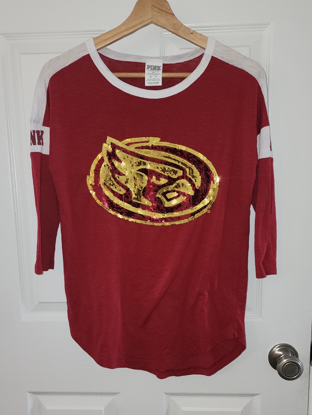 PINK Victoria's Secret Red Long Sleeve Tee with Gold Sequin Graphic